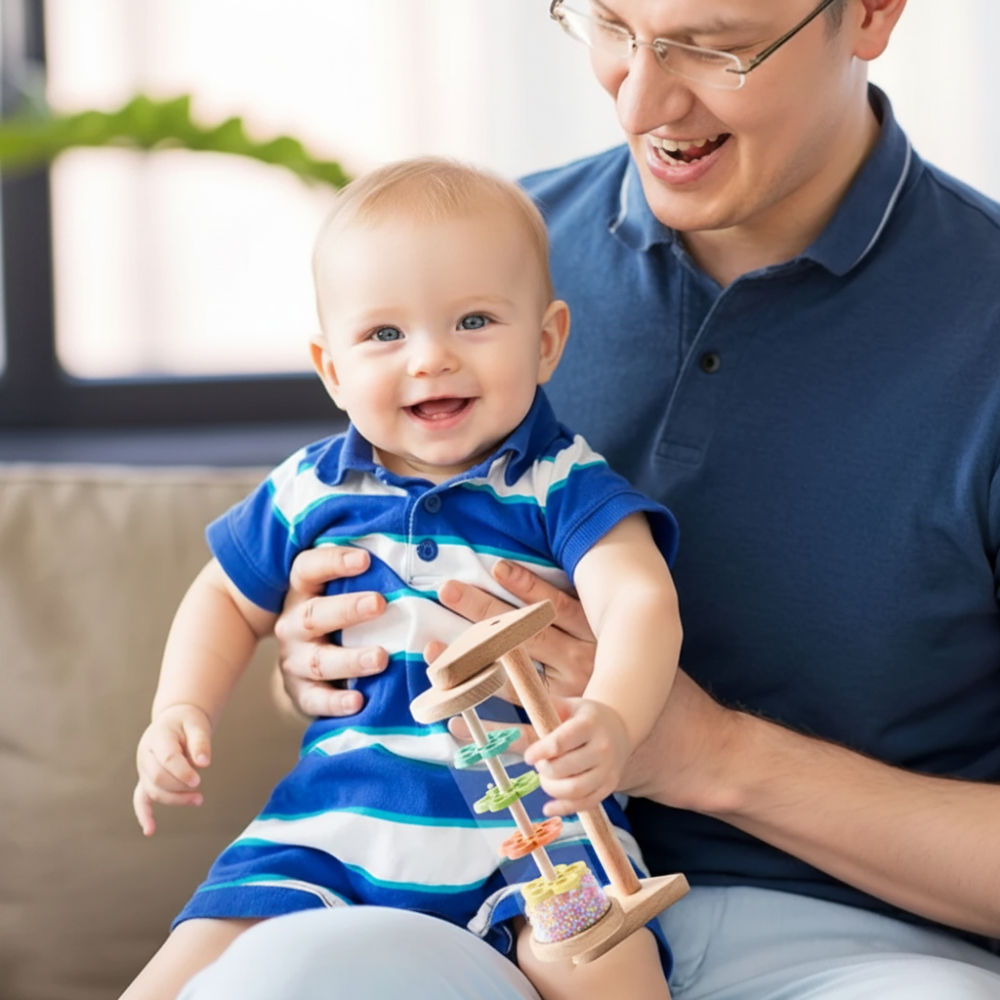 Adult and baby holding the wooden rain sound toy during playtime.