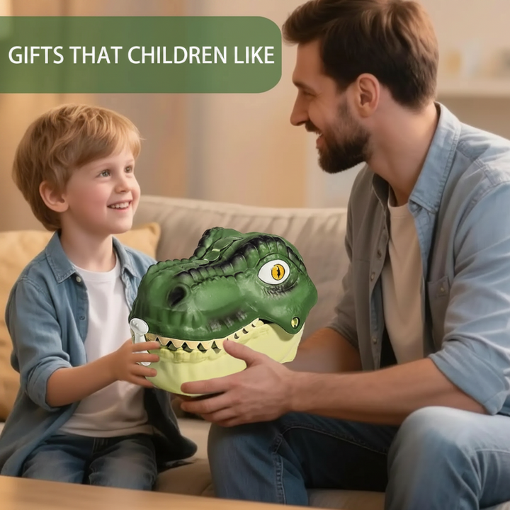 An adult and child holding the green T-Rex head case together.