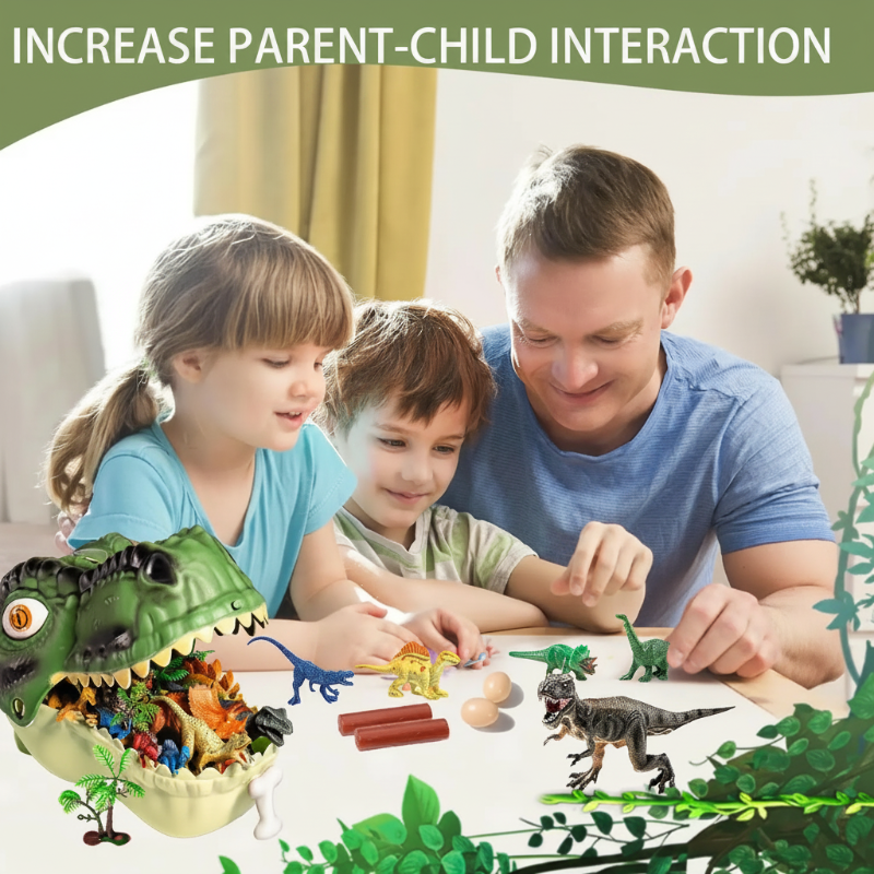 An adult and two children playing together with dinosaur figures and a T-Rex head case.