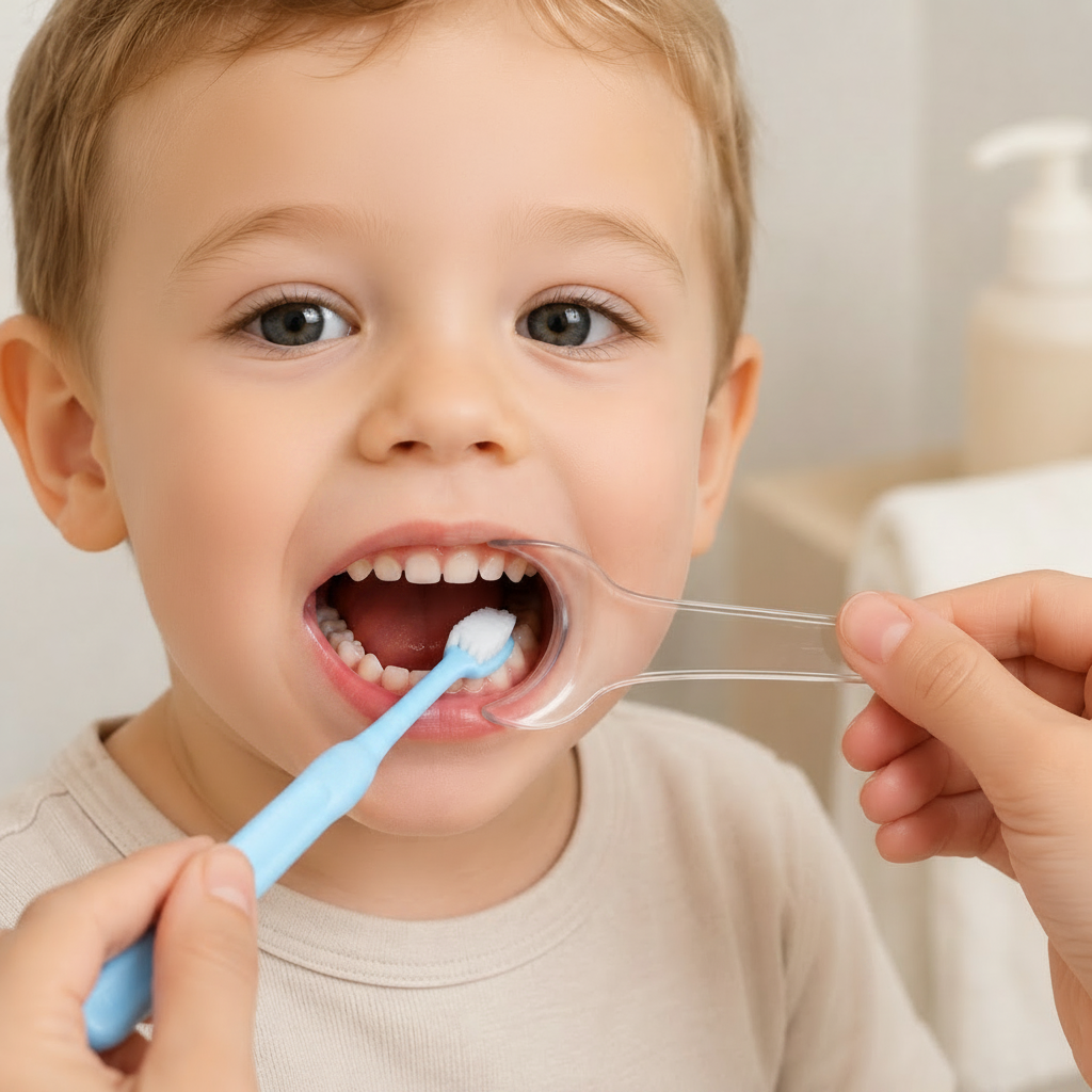 Child having teeth brushed with a blue toothbrush while an adult holds a clear dental care aid