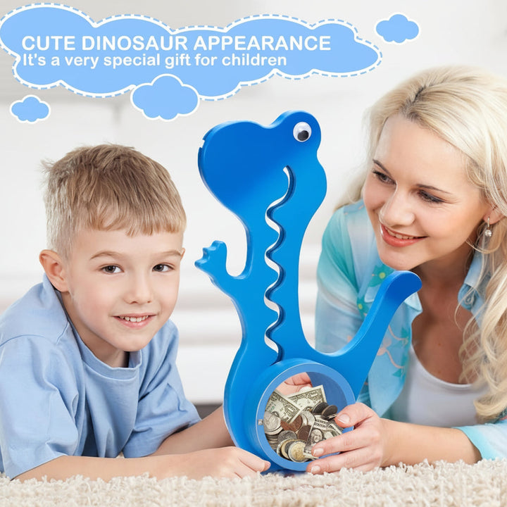 Adult and child beside a blue dinosaur piggy bank with coins in its clear belly compartment