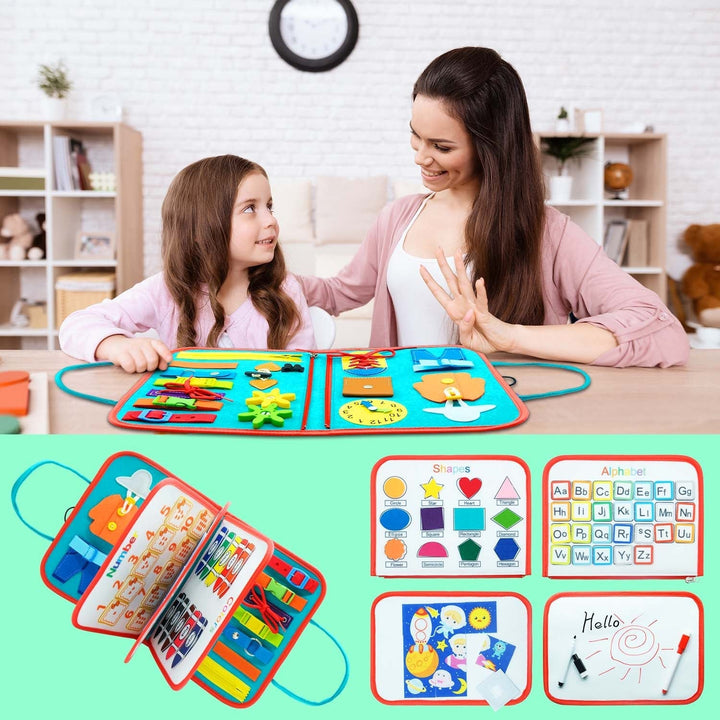 Adult and child exploring a felt busy book, with its learning pages displayed below