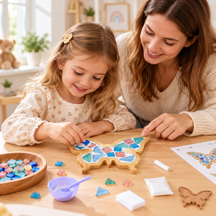 A child and an adult arranging colorful mosaic tiles on a butterfly-shaped bamboo base
