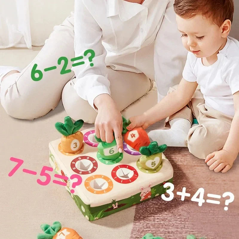 Adult and child playing with a numbered carrot board alongside simple arithmetic prompts