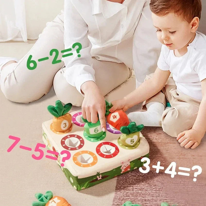 Adult and child playing with a numbered carrot board alongside simple arithmetic prompts