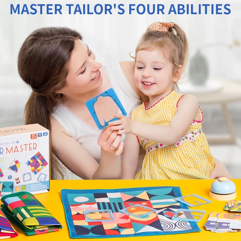 An adult and child comparing a clothing-shaped frame with a colorful pattern mat