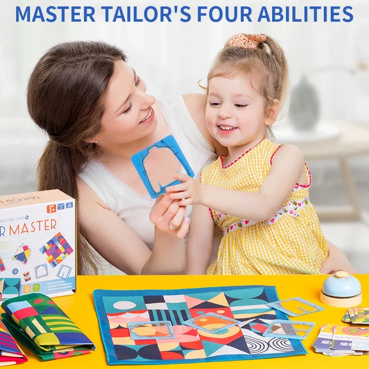 An adult and child comparing a clothing-shaped frame with a colorful pattern mat