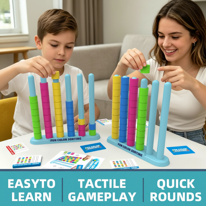 An adult and child playing a color sorting game side by side