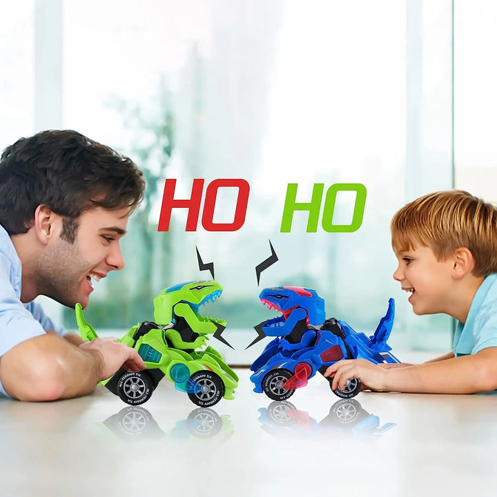 Adult and child playing with green and blue transforming dinosaur robot cars