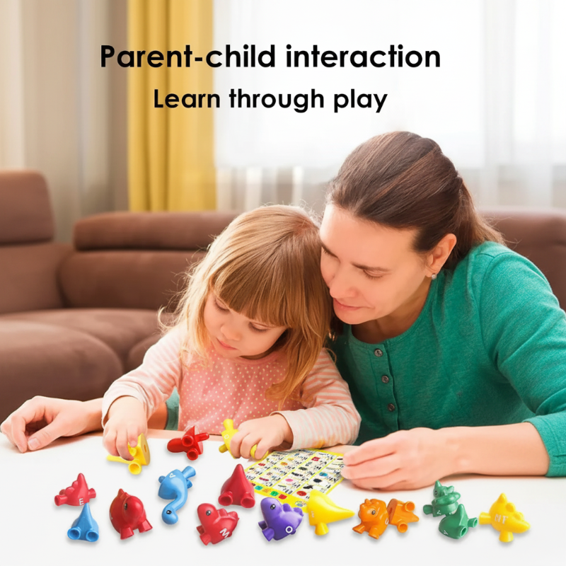 An adult and child playing with colorful matching dinosaurs at a table