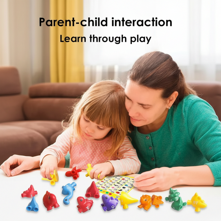 An adult and child playing with colorful matching dinosaurs at a table