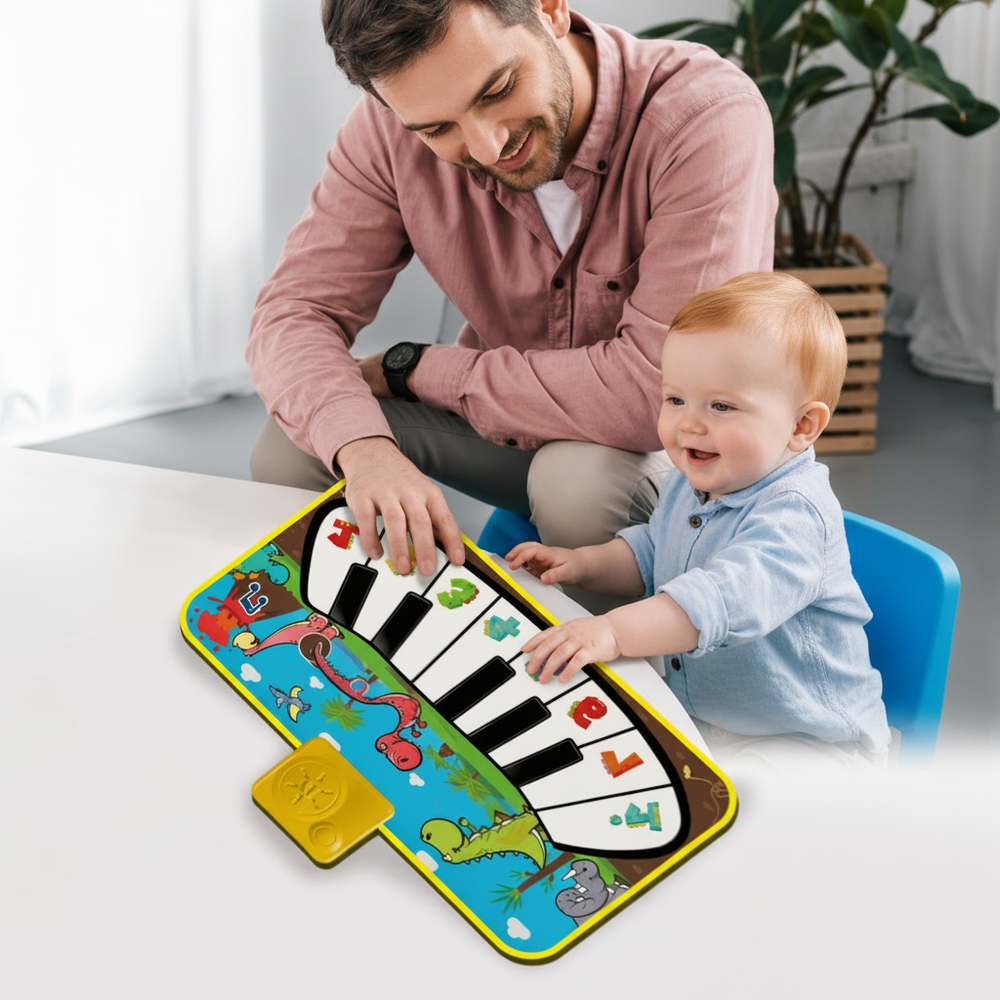 Adult and young child pressing the numbered keys on a yellow dinosaur piano play mat