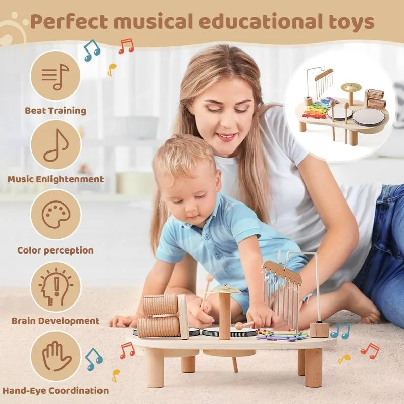 Adult and child exploring the wooden music playset together