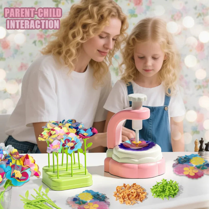 Adult and child with a pink flower press and colorful handmade bouquets