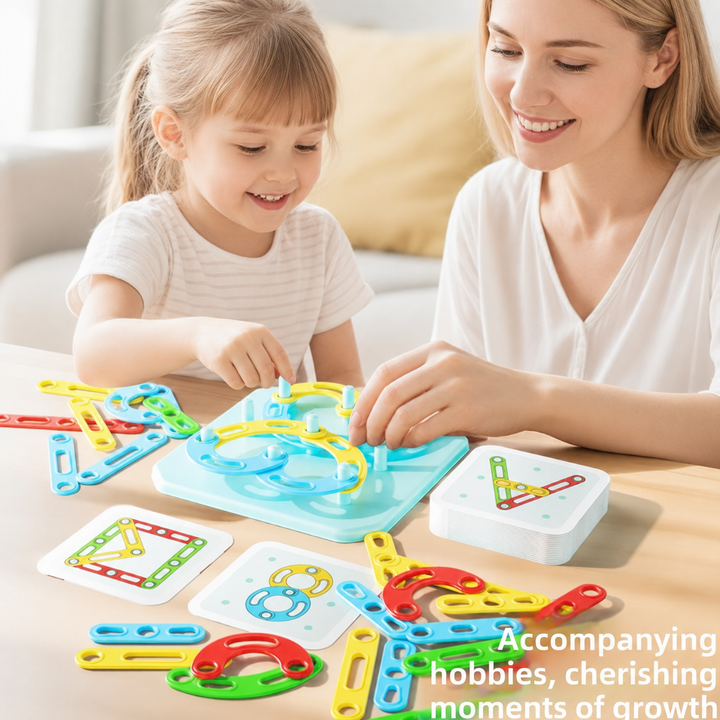 Child and adult arranging colorful pieces on a turquoise pegboard beside pattern cards
