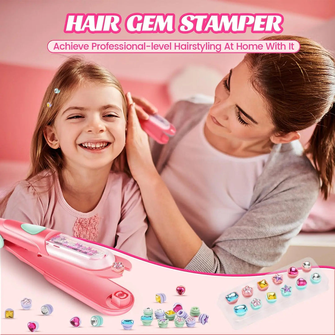 Adult using a pink gem stamp on a child&