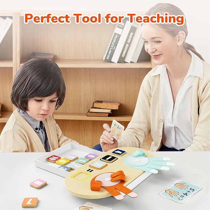 An adult and child explore felt counting hands, number tiles, and arithmetic cards at a table