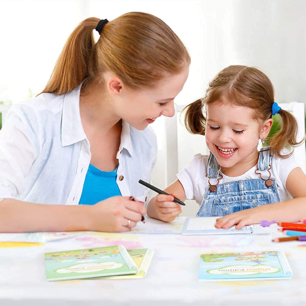 Adult and child working together on a handwriting practice page