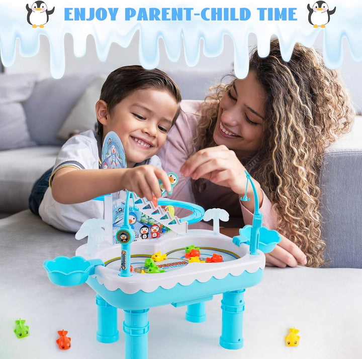 Adult and child playing together with the blue penguin fishing set