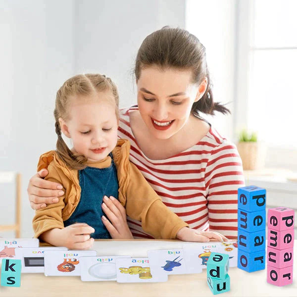 Adult and child exploring picture cards and colorful wooden letter blocks at a table