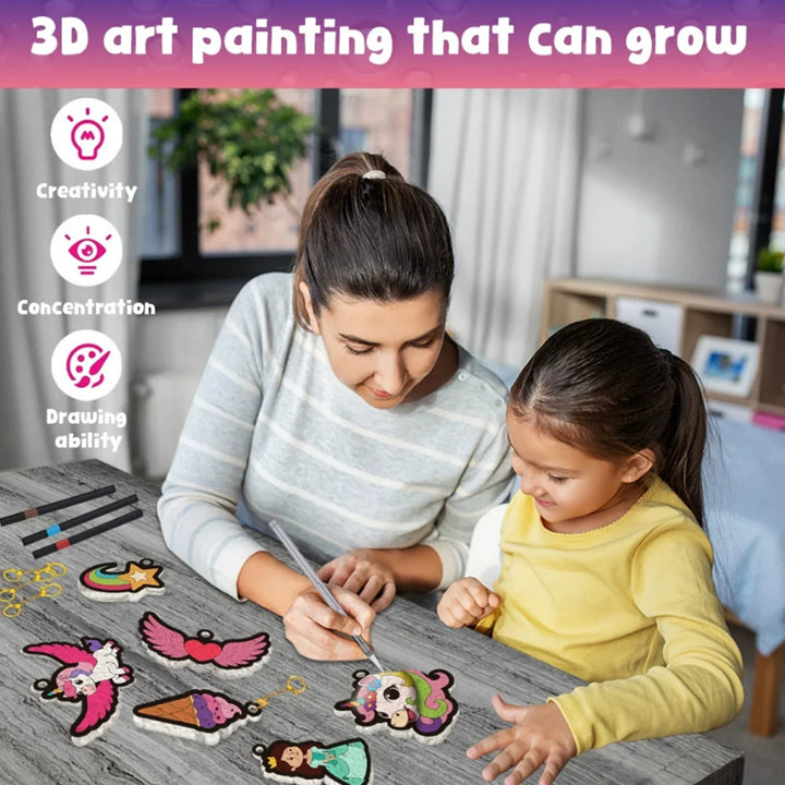 Adult and child coloring princess-theme paper designs together at a table