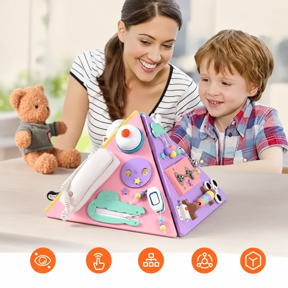 Adult and child exploring an activity pyramid with a play telephone and bell