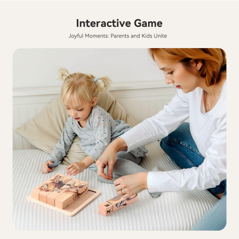Adult and child working together on a wooden safari animal block puzzle