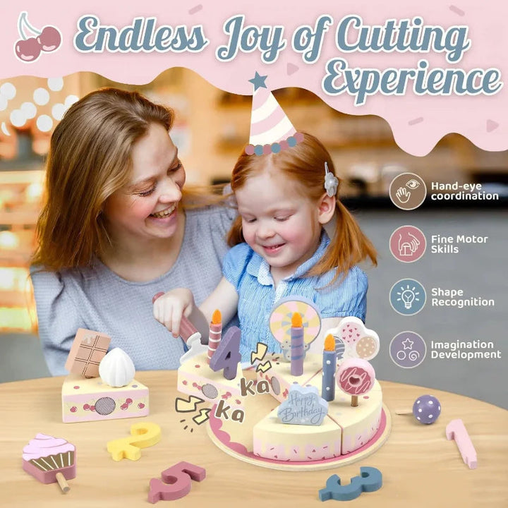 An adult and child using a cake server to separate a wooden birthday cake slice