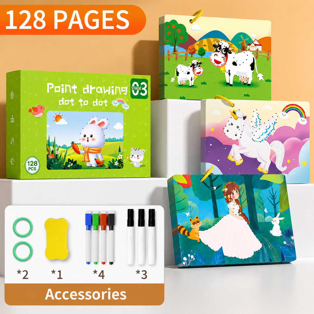 Level 3 dot-drawing workbook with illustrated pages, colored and black markers, rings, and an eraser.