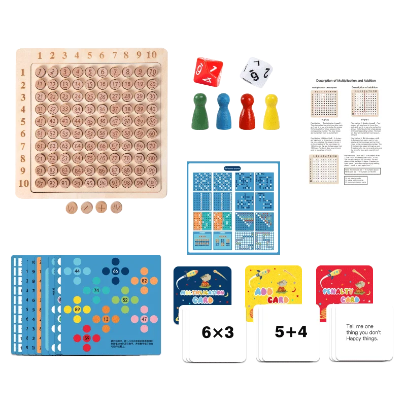 Advanced math game contents with wooden number board, playing cards, dice, pawns, and instructions