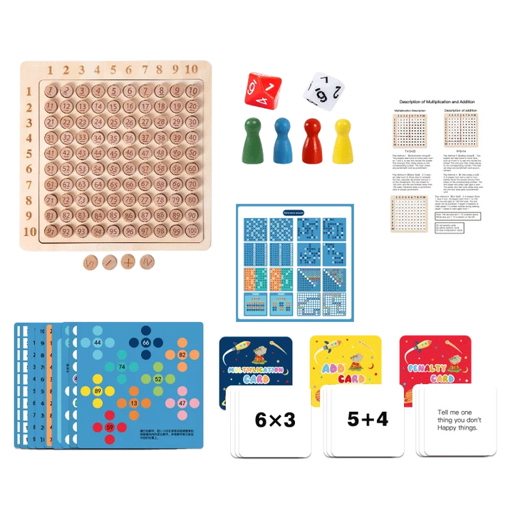 Advanced math game contents with wooden number board, playing cards, dice, pawns, and instructions
