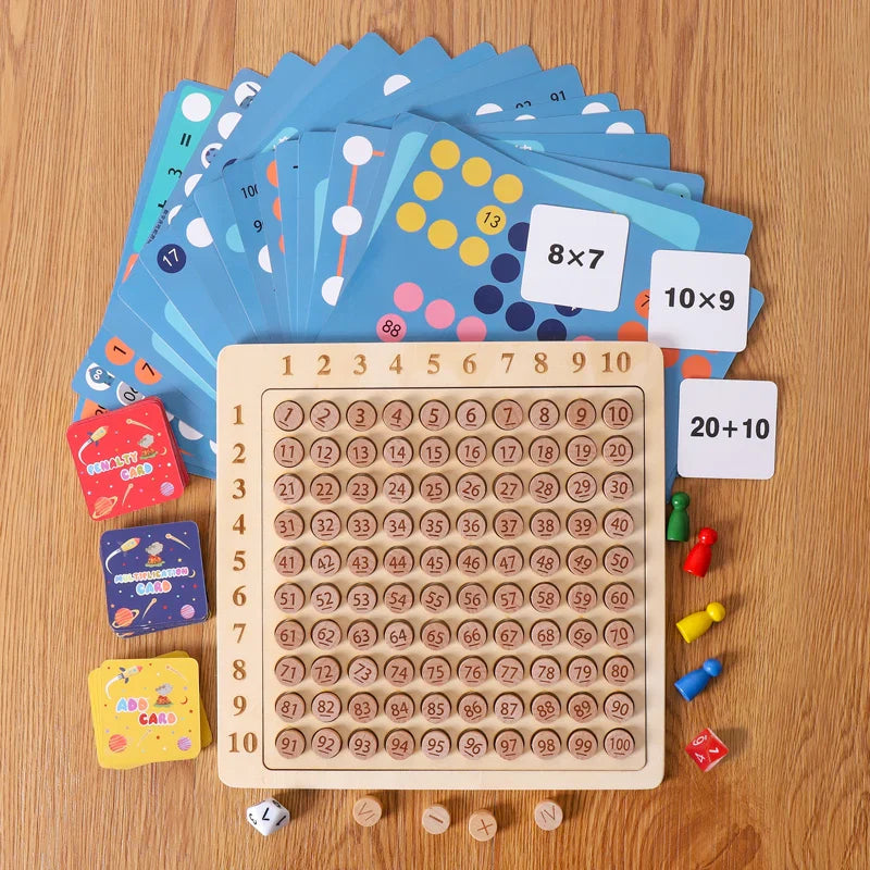 Advanced wooden math game set with round number pieces, blue playing cards, dice, and pawns