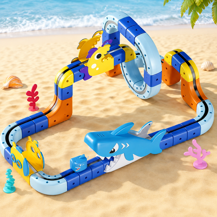 Adventurous Fun 85-piece train set with a raised loop and ocean-themed decorations