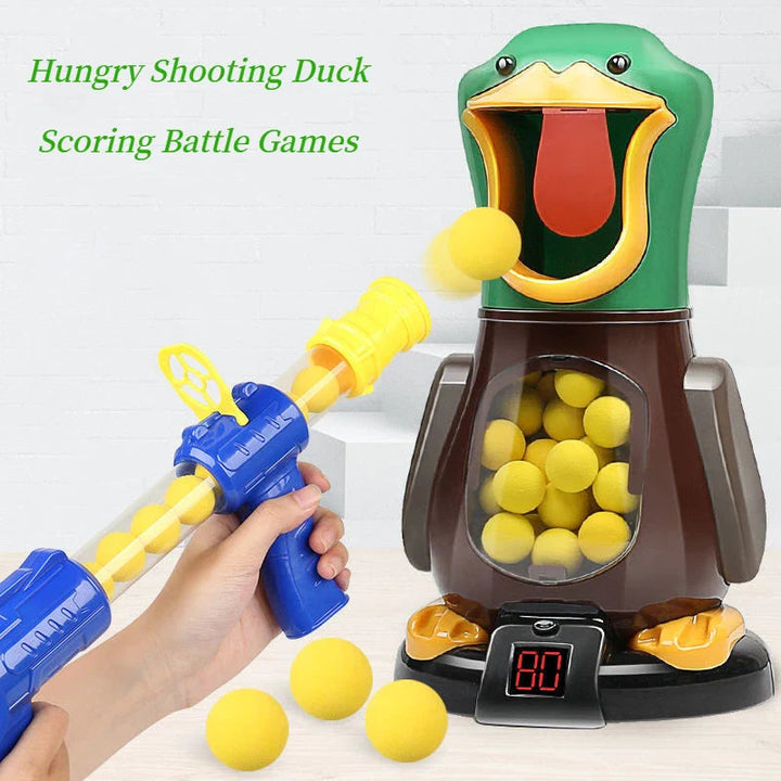 Blue-and-yellow toy rifle aimed at the duck target&