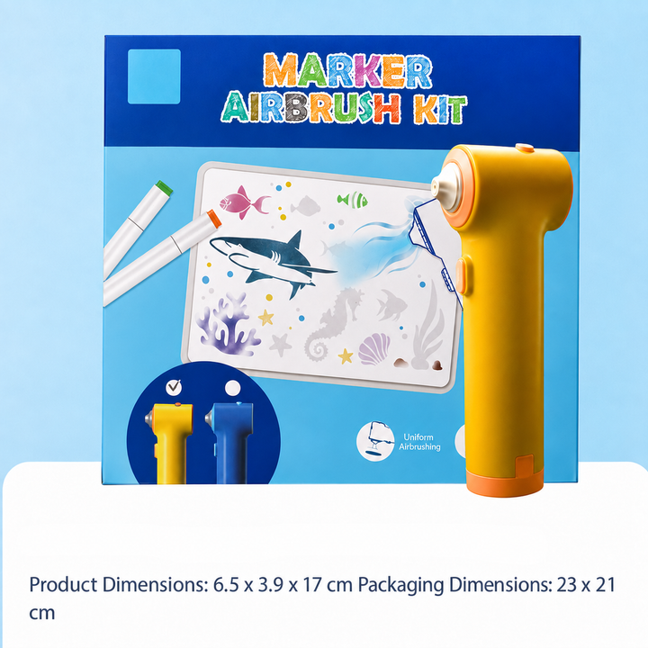 Yellow airbrush tool beside its box with product and packaging dimensions listed