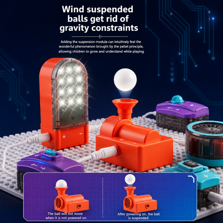 Airflow experiment with a white ball suspended above an orange module