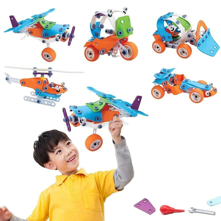 Five construction model designs, including aircraft and wheeled vehicles, with a child holding an airplane