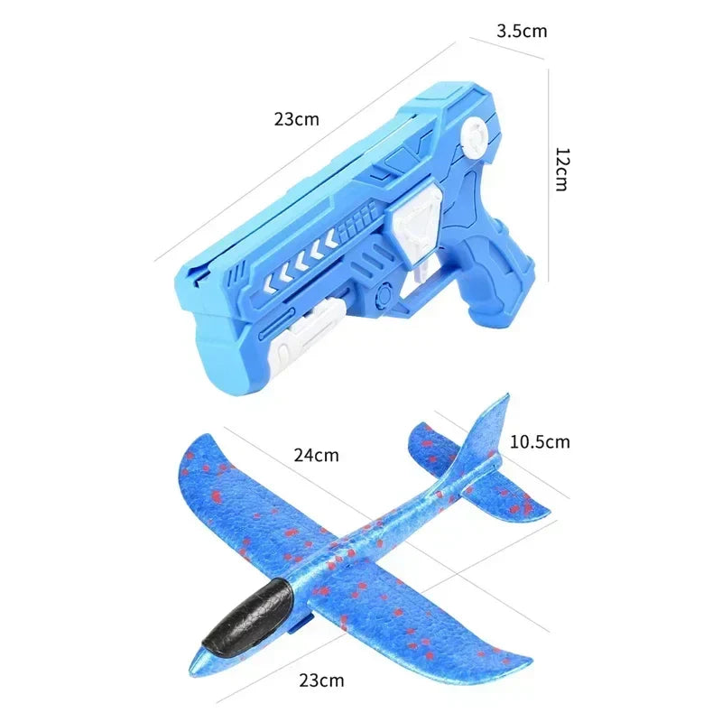 Measurement diagram for a blue airplane launcher and a blue foam airplane