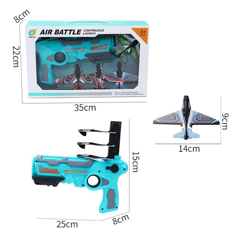 Airplane launcher, foam plane, and retail box with labeled dimensions