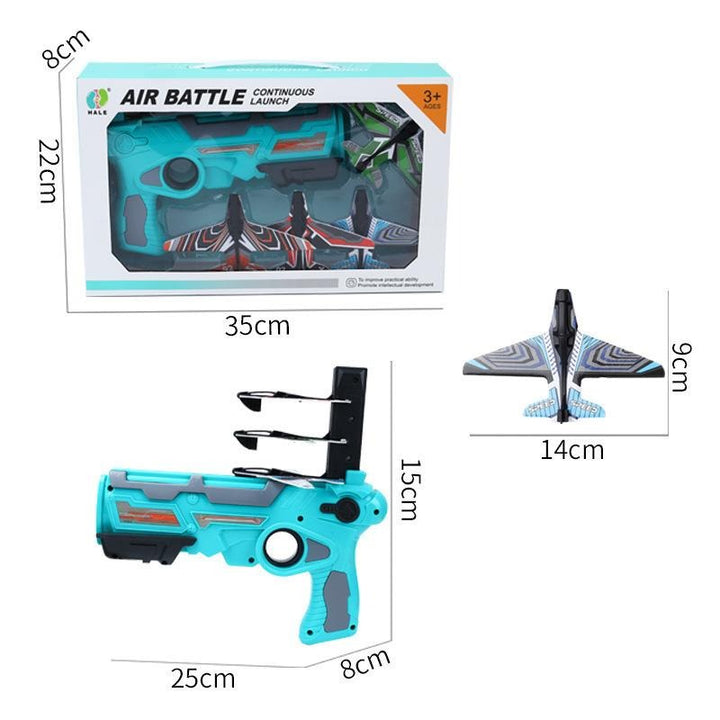Airplane launcher, foam plane, and retail box with labeled dimensions