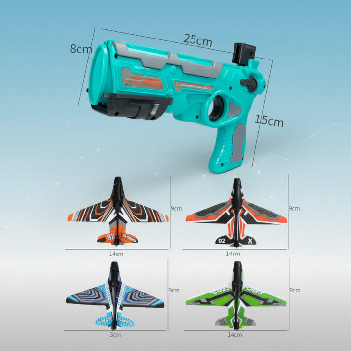 Measurement diagram for the airplane launcher and several foam plane designs