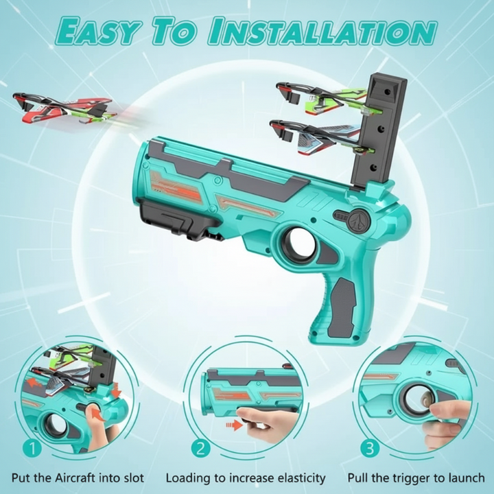 Foam airplane launcher with illustrated loading and trigger steps