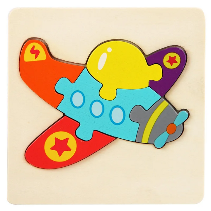 Airplane wooden jigsaw puzzle with colorful wings, a yellow cockpit, and a front propeller