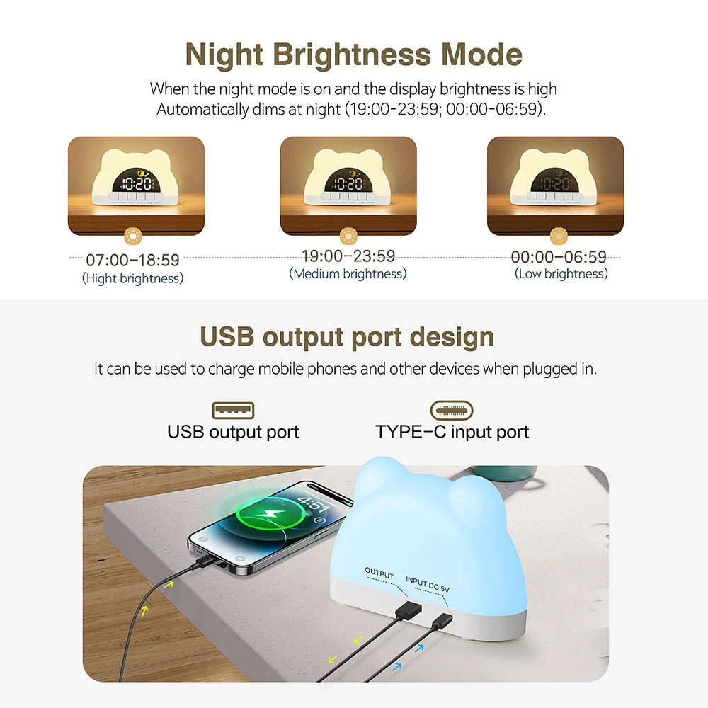 Automatic night dimming examples and rear USB output and USB Type-C input ports.