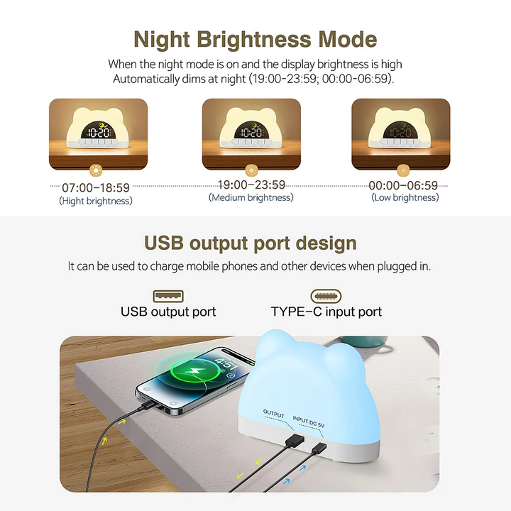 Automatic night dimming examples and rear USB output and USB Type-C input ports.
