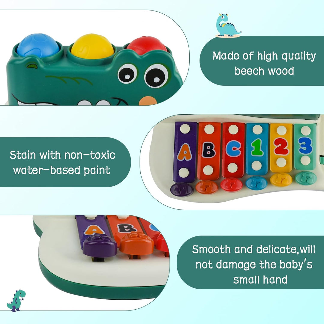 Detail panels showing the alligator face, colorful lettered and numbered keys, and the toy&