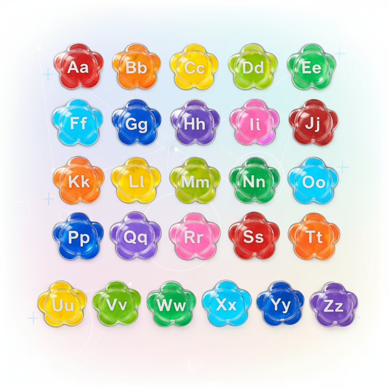 Set of 26 multicolored, flower-shaped bath letters displaying uppercase and lowercase pairs.