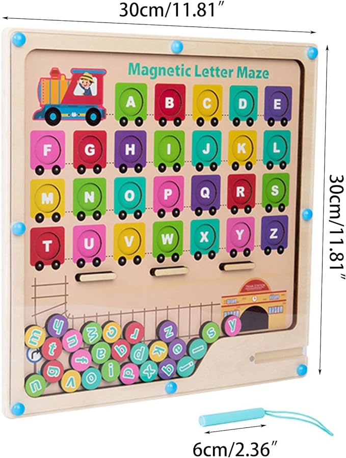 Alphabet board with 30 by 30 cm measurements and a stylus marked 6 cm long