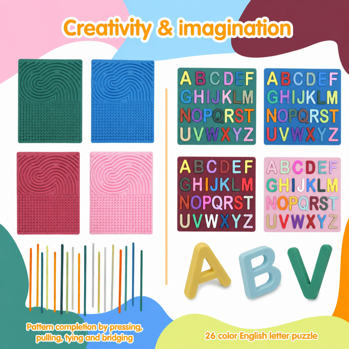 Four board colors with textured surfaces, alphabet puzzle sides, and flexible silicone strings
