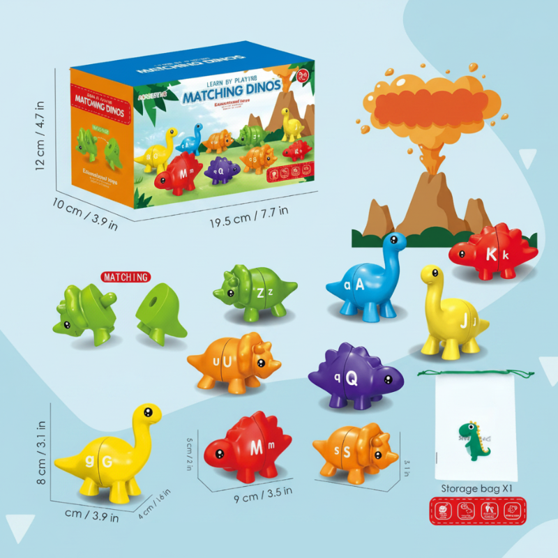 Letter dinosaur matching set with packaging, a drawstring bag, and size measurements